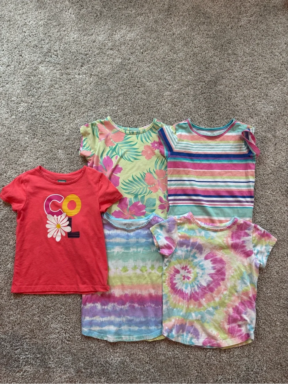 Girls Size 6 Summer Outfit Lot 8 Pieces Graphic Tees & Shorts Tie Dye Stripes